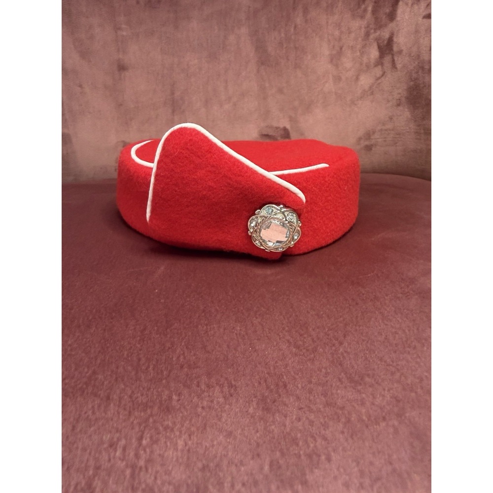 Pill Box Stewardess Hat - Red and White - Wool - Mid Century Styled - Medium